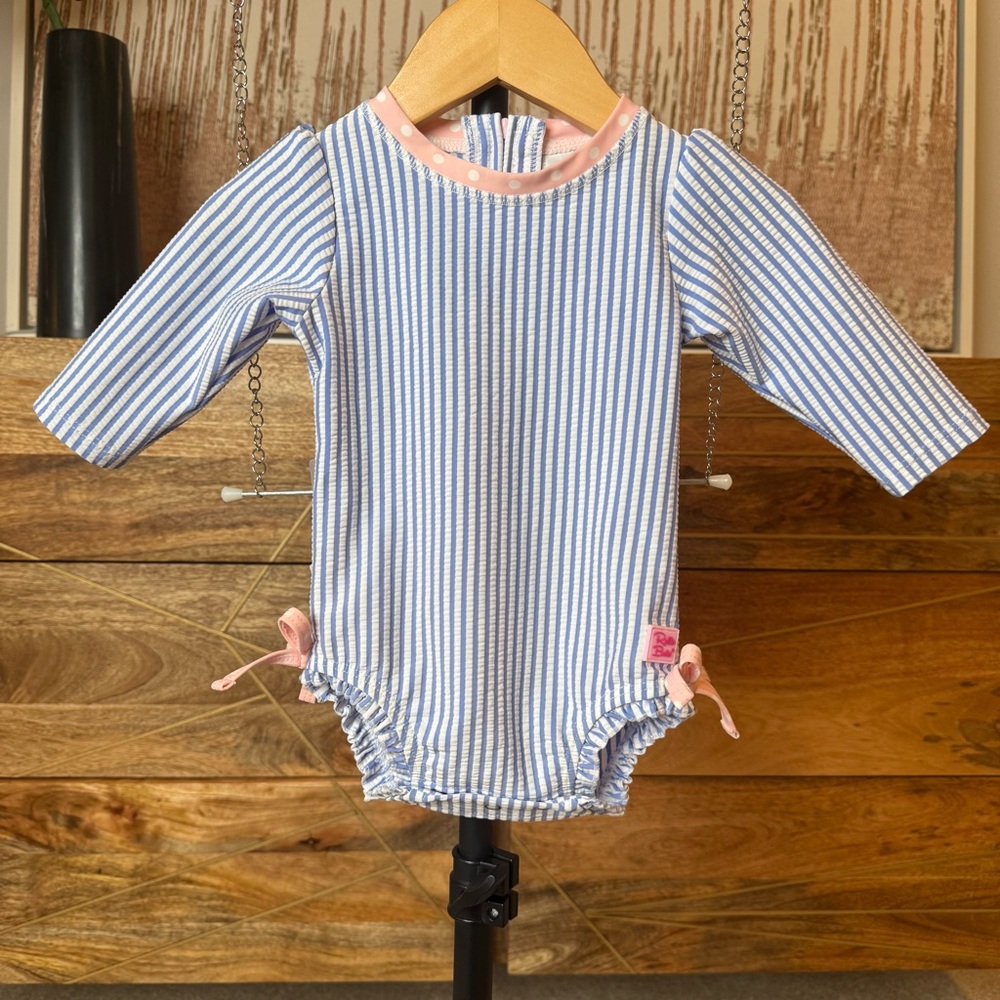 Ruffle Butts Seersucker Long Sleeve Swim Suit One Piece 3-6 months UPF 50